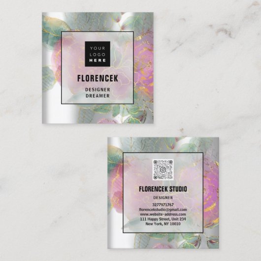 カスタムロゴQRコードシルバーグレーグリーンフローラフレーム スクエア名刺 (正面/裏面)