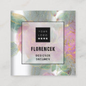 カスタムロゴQRコードシルバーグレーグリーンフローラフレーム スクエア名刺 (正面)