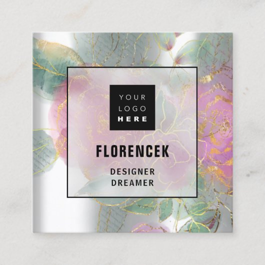 カスタムロゴQRコードシルバーグレーグリーンフローラフレーム スクエア名刺 (正面)