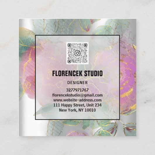 カスタムロゴQRコードシルバーグレーグリーンフローラフレーム スクエア名刺 (裏面)