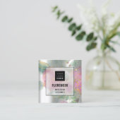 カスタムロゴQRコードシルバーグレーグリーンフローラフレーム スクエア名刺 (スタンド正面)