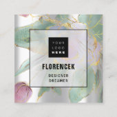 カスタムロゴQRコードシルバーグレーグリーンフローラ スクエア名刺 (正面)