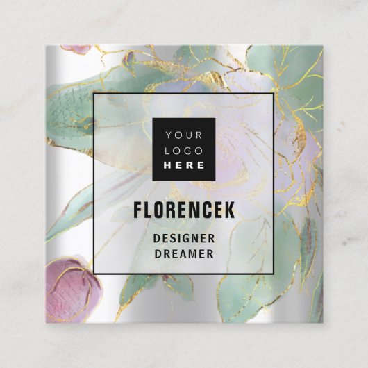 カスタムロゴQRコードシルバーグレーグリーンフローラ スクエア名刺 (正面)