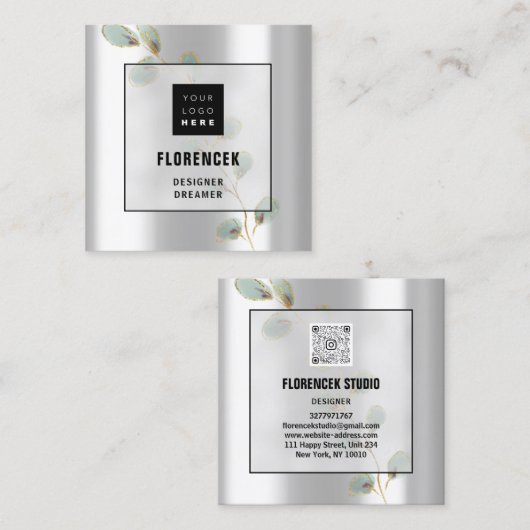 カスタムロゴQRコードシルバーグレーグリーン金ゴールドリーフ スクエア名刺 (正面/裏面)