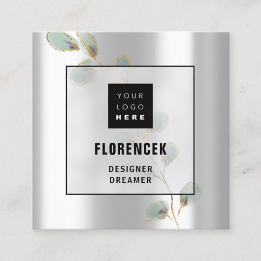 カスタムロゴQRコードシルバーグレーグリーン金ゴールドリーフ スクエア名刺 (正面)