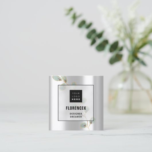 カスタムロゴQRコードシルバーグレーグリーン金ゴールドリーフ スクエア名刺 (スタンド正面)