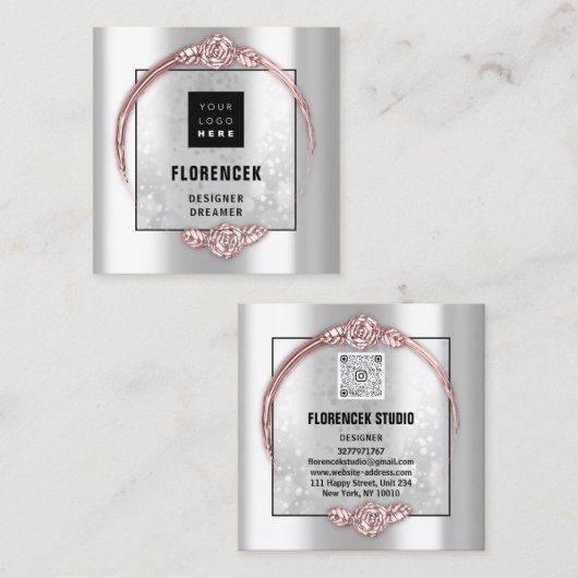 カスタムロゴQRコードシルバーグレーバラフレーム スクエア名刺 (正面/裏面)