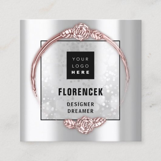 カスタムロゴQRコードシルバーグレーバラフレーム スクエア名刺 (正面)