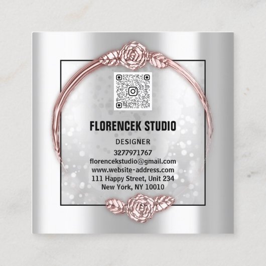 カスタムロゴQRコードシルバーグレーバラフレーム スクエア名刺 (裏面)