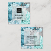 カスタムロゴQRコードシルバーグレーフローラアクアブルー スクエア名刺 (正面/裏面)