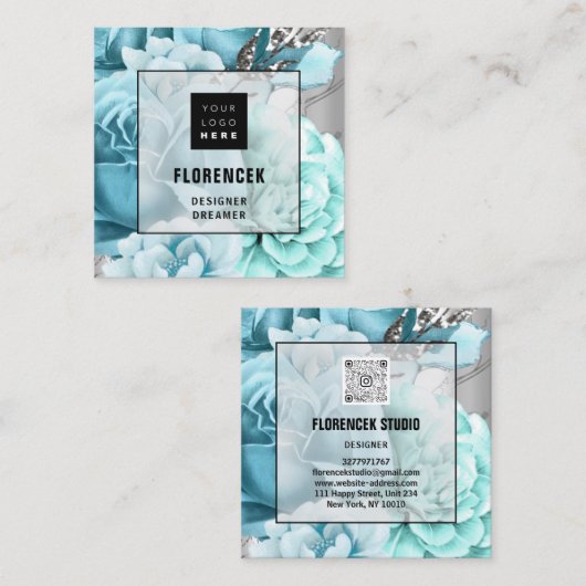 カスタムロゴQRコードシルバーグレーフローラアクアブルー スクエア名刺 (正面/裏面)