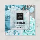 カスタムロゴQRコードシルバーグレーフローラアクアブルー スクエア名刺 (正面)