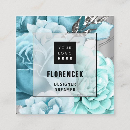 カスタムロゴQRコードシルバーグレーフローラアクアブルー スクエア名刺 (正面)