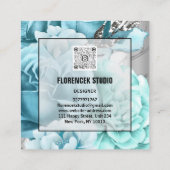 カスタムロゴQRコードシルバーグレーフローラアクアブルー スクエア名刺 (裏面)