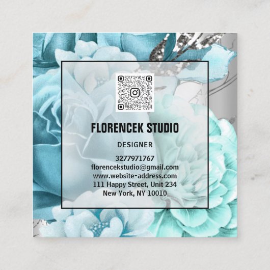カスタムロゴQRコードシルバーグレーフローラアクアブルー スクエア名刺 (裏面)