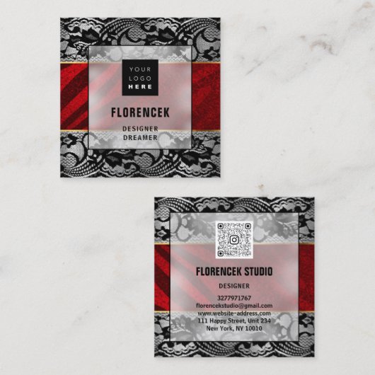 カスタムロゴQRコードシルバーグレーブラックレッドレース スクエア名刺 (正面/裏面)