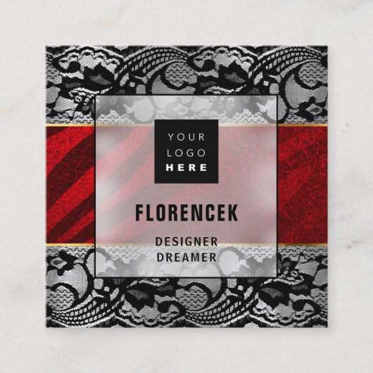 カスタムロゴQRコードシルバーグレーブラックレッドレース スクエア名刺 (正面)