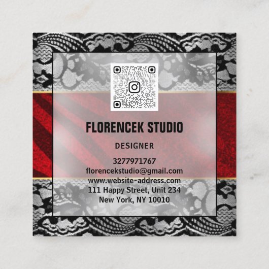 カスタムロゴQRコードシルバーグレーブラックレッドレース スクエア名刺 (裏面)
