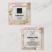 カスタムロゴQRコードシルバーフローラ桃フレーム スクエア名刺 (正面/裏面)
