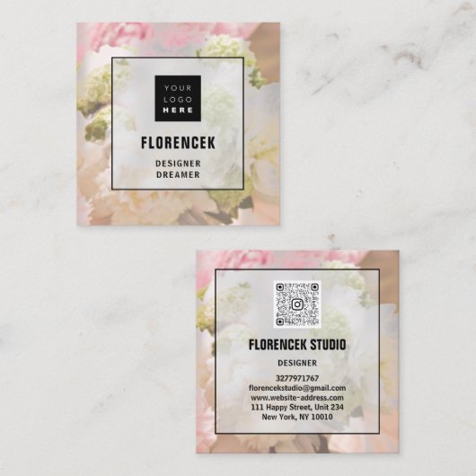 カスタムロゴQRコードシルバーフローラ桃フレーム スクエア名刺 (正面/裏面)