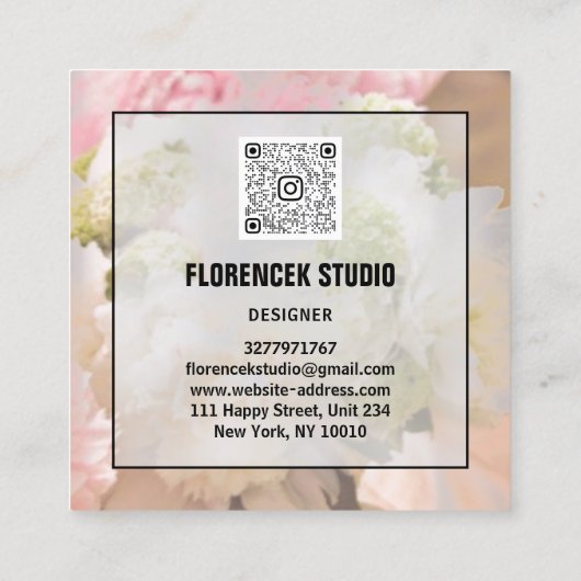 カスタムロゴQRコードシルバーフローラ桃フレーム スクエア名刺 (裏面)