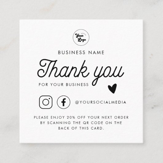 カスタムロゴQRコードソーシャルメディアありがとうありがとうホワイト 割引カード (正面)