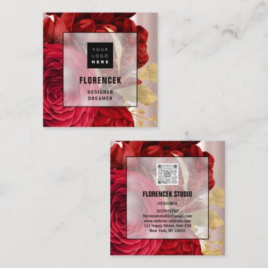 カスタムロゴQRコードバラ赤金ゴールドフローラ スクエア名刺 (正面/裏面)