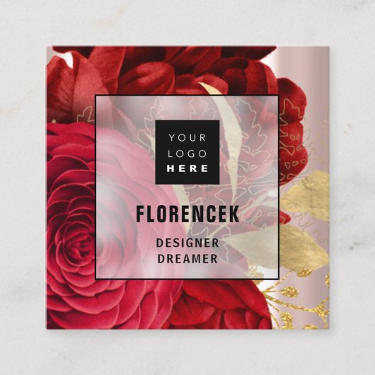 カスタムロゴQRコードバラ赤金ゴールドフローラ スクエア名刺 (正面)