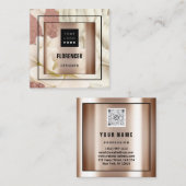 カスタムロゴQRコードバラ金ゴールドフレームフローラアイボリー スクエア名刺 (正面/裏面)