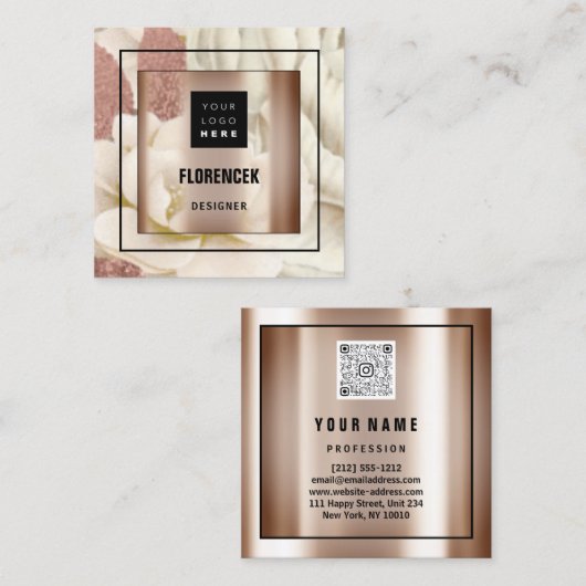 カスタムロゴQRコードバラ金ゴールドフレームフローラアイボリー スクエア名刺 (正面/裏面)