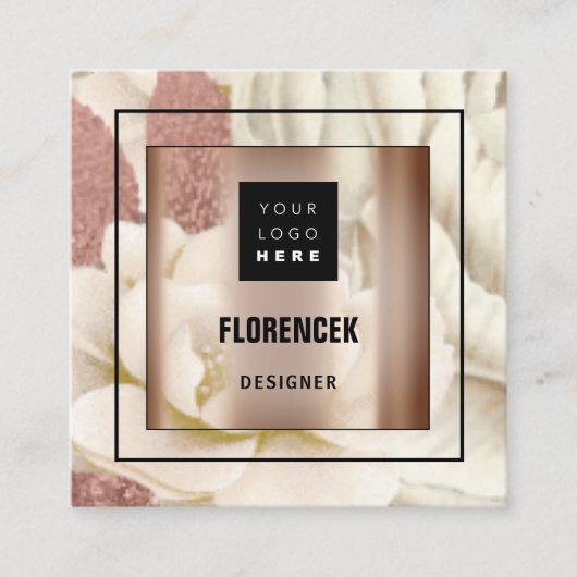 カスタムロゴQRコードバラ金ゴールドフレームフローラアイボリー スクエア名刺 (正面)
