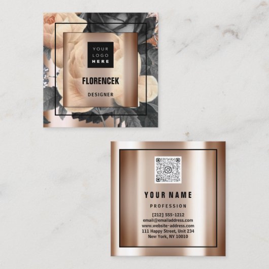 カスタムロゴQRコードバラ金ゴールドフレームフローラエレガント スクエア名刺 (正面/裏面)
