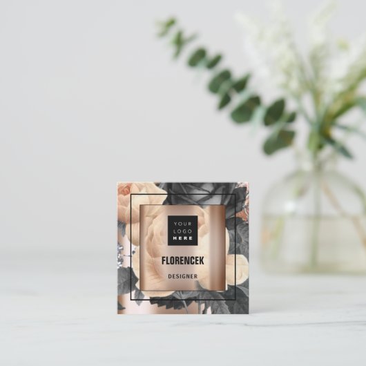 カスタムロゴQRコードバラ金ゴールドフレームフローラエレガント スクエア名刺 (スタンド正面)