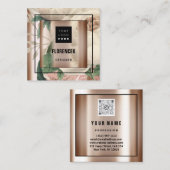 カスタムロゴQRコードバラ金ゴールドフレームフローラ緑 スクエア名刺 (正面/裏面)