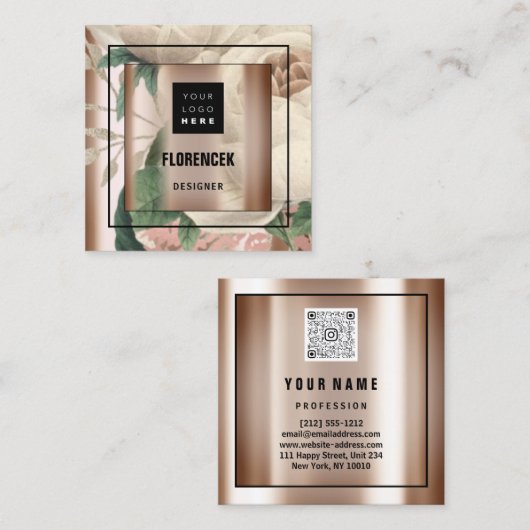 カスタムロゴQRコードバラ金ゴールドフレームフローラ緑 スクエア名刺 (正面/裏面)