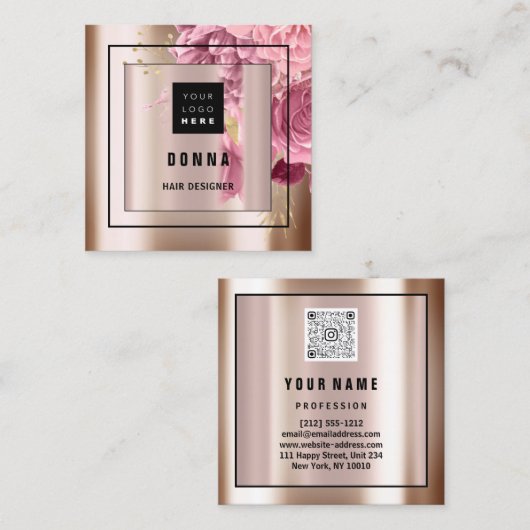 カスタムロゴQRコードバラ金ゴールド枠フローラ スクエア名刺 (正面/裏面)