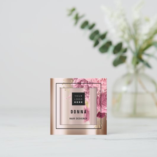 カスタムロゴQRコードバラ金ゴールド枠フローラ スクエア名刺 (スタンド正面)