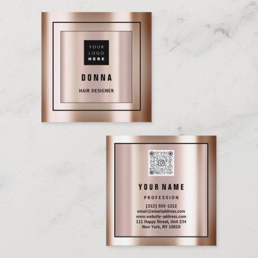 カスタムロゴQRコードバラ金ゴールド枠組構成 スクエア名刺 (正面/裏面)