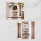 カスタムロゴQRコードバラ金ゴールド緑アイボリー スクエア名刺 (正面/裏面)