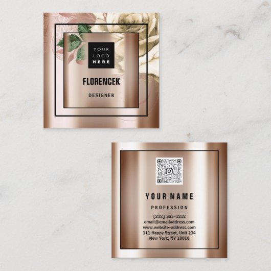 カスタムロゴQRコードバラ金ゴールド緑アイボリー スクエア名刺 (正面/裏面)