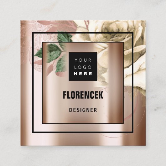 カスタムロゴQRコードバラ金ゴールド緑アイボリー スクエア名刺 (正面)