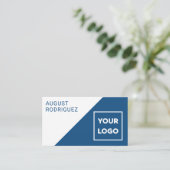 カスタムロゴQRコードブルーホワイトジオメトリック 名刺 (スタンド正面)