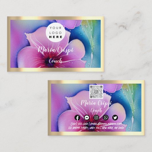 カスタムロゴQRコード水彩金ゴールドソーシャルフラワー 名刺 (正面/裏面)