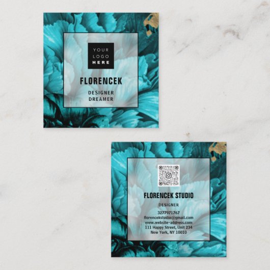 カスタムロゴQRコード美フローラティール(緑がかった色)青 スクエア名刺 (正面/裏面)