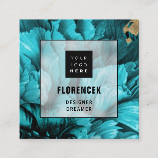 カスタムロゴQRコード美フローラティール(緑がかった色)青 スクエア名刺 (正面)