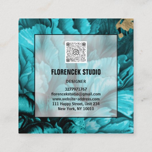 カスタムロゴQRコード美フローラティール(緑がかった色)青 スクエア名刺 (裏面)