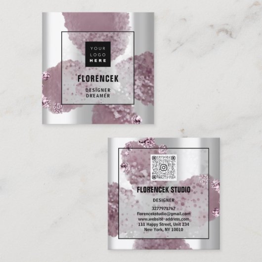 カスタムロゴQRコード銀灰色の紫色の結晶 スクエア名刺 (正面/裏面)