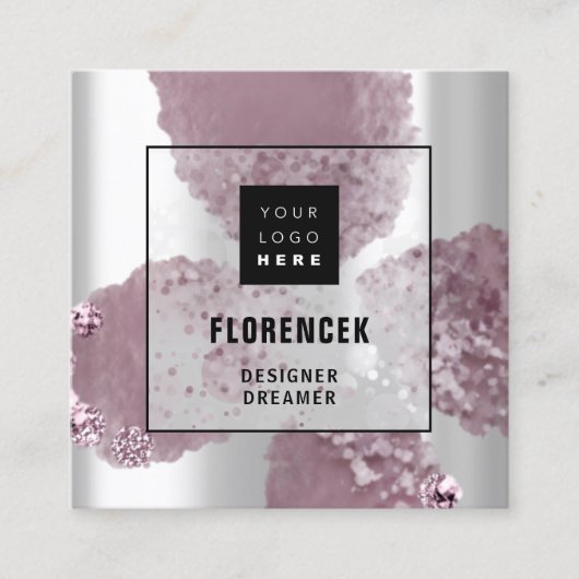 カスタムロゴQRコード銀灰色の紫色の結晶 スクエア名刺 (正面)