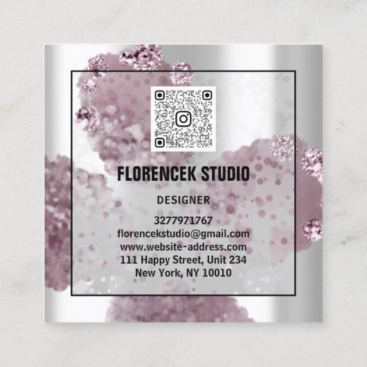 カスタムロゴQRコード銀灰色の紫色の結晶 スクエア名刺 (裏面)