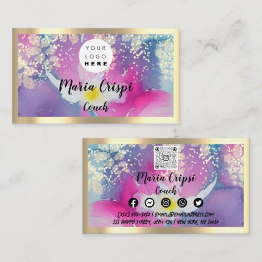 カスタムロゴQRCodeソーシャル金ゴールドピンク水色 名刺 (正面/裏面)